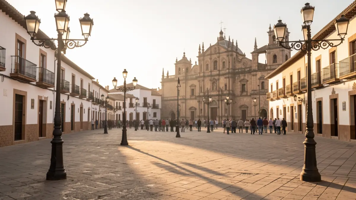 Plaza de Andalucía al amanecer con farolas y fachada de catedral.