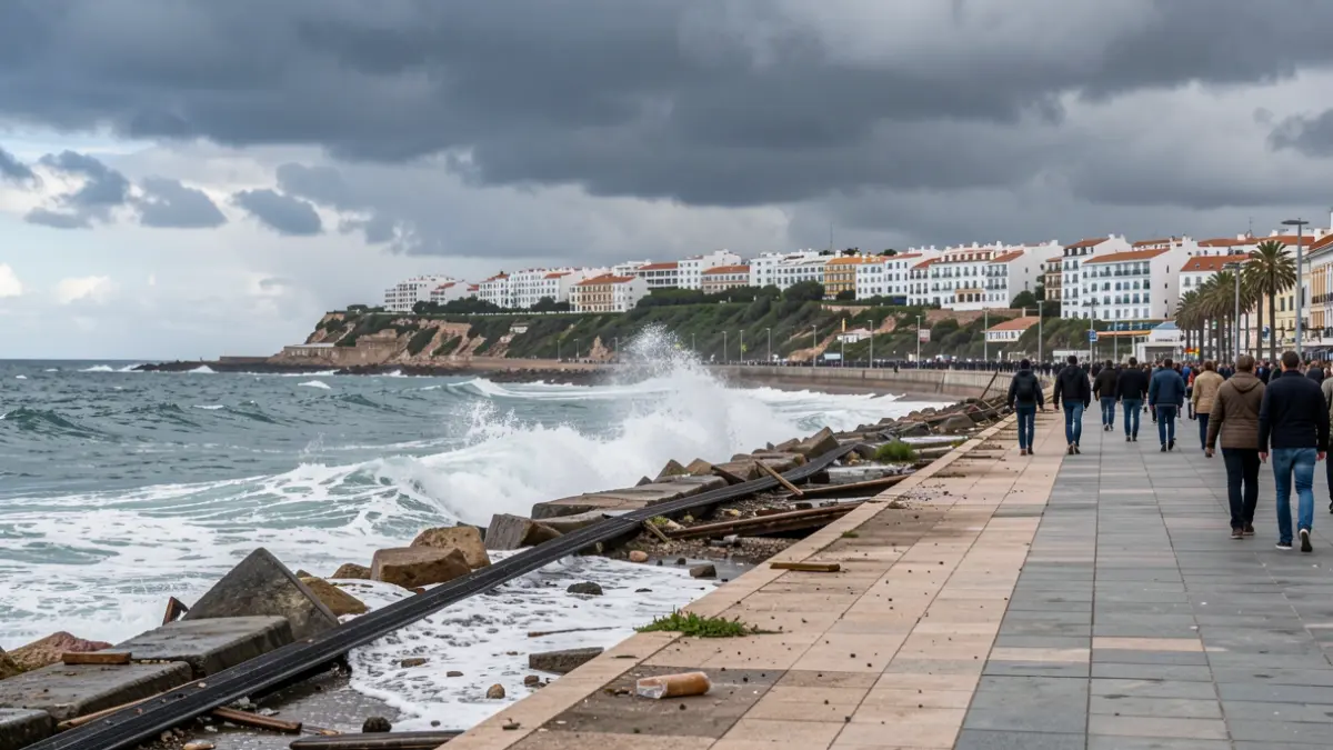 Generic image of a promenade affected by storms on the Huelva coast.