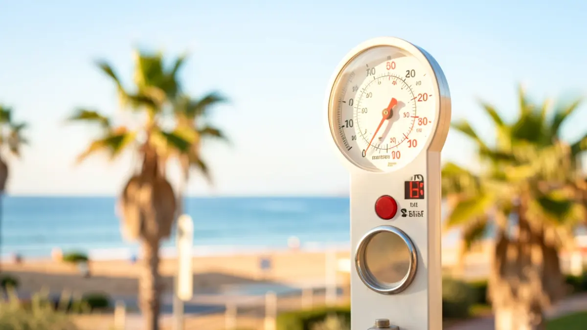 Thermometer showing high temperatures with a sunny sky and blurred palm trees.