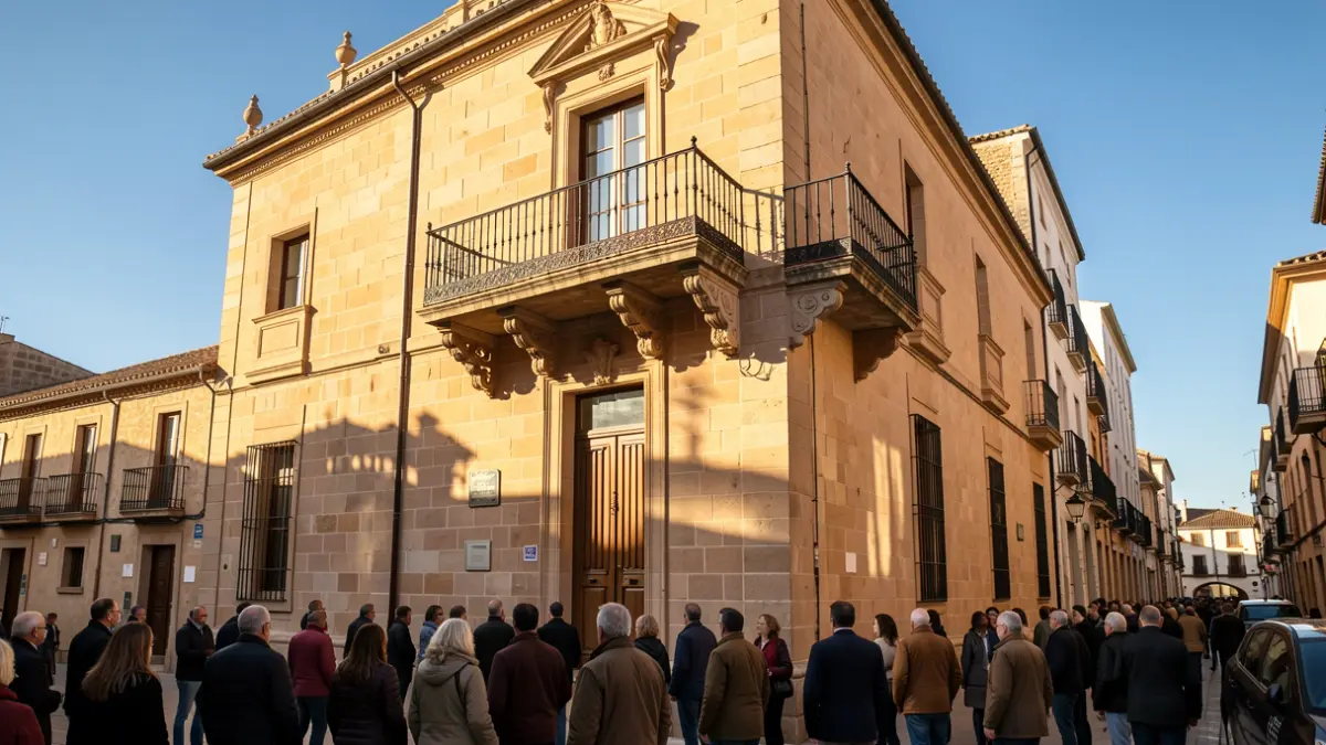 Facade of an Andalusian town hall with ornate balcony and iron railings, warm afternoon sunlight casting shadows on the sandstone walls, blue sky.