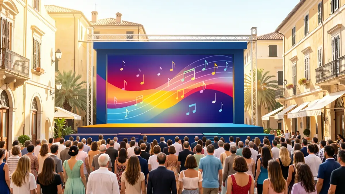 Generic image of a modern theatrical performance with musical elements and vibrant colors.
