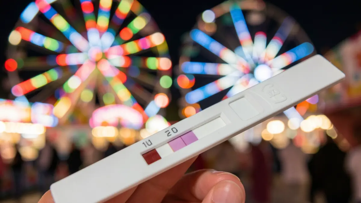 Una tira de prueba química para detectar sustancias en bebidas, con un cambio de color, en un recinto ferial nocturno.