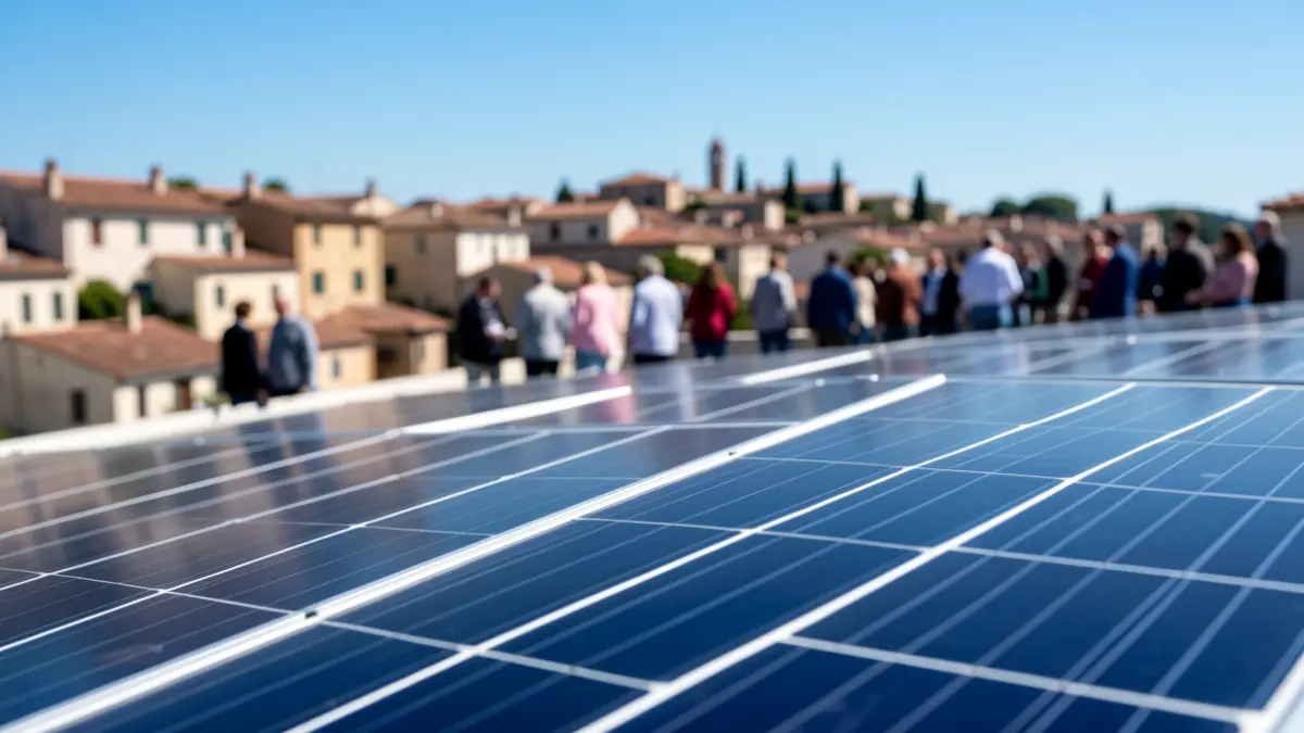 Photovoltaic solar panels on a rooftop with an Andalusian town in the background.