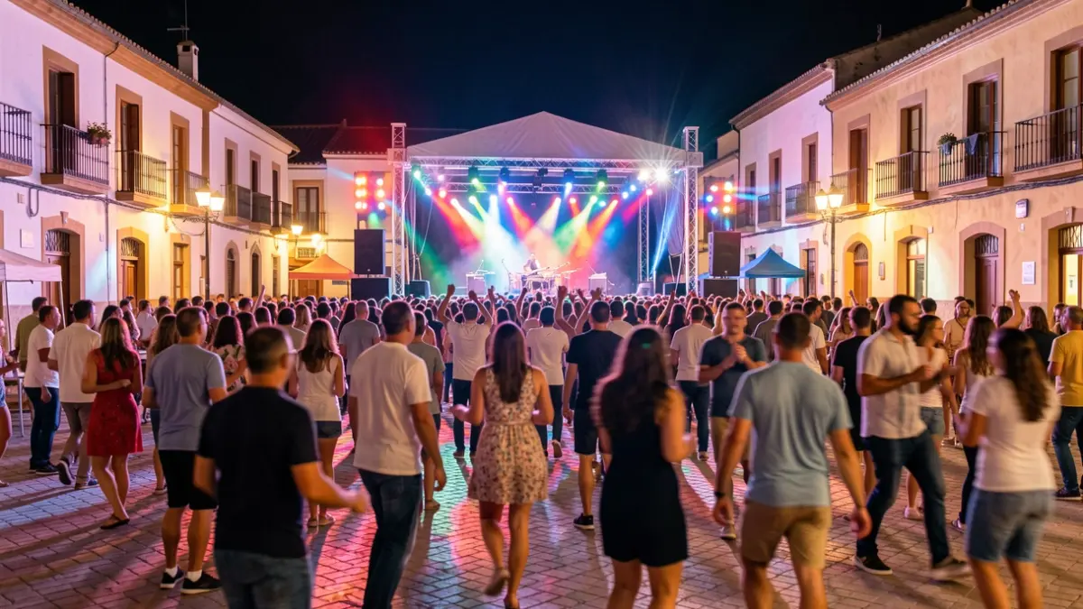 Generic image of a nighttime music festival in a Spanish town square with people dancing under colorful lights.