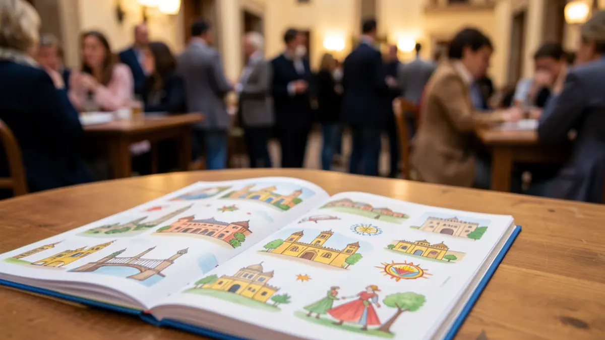 Cuadernillo de caligrafía infantil con ilustraciones de monumentos y símbolos del Campo de Gibraltar.