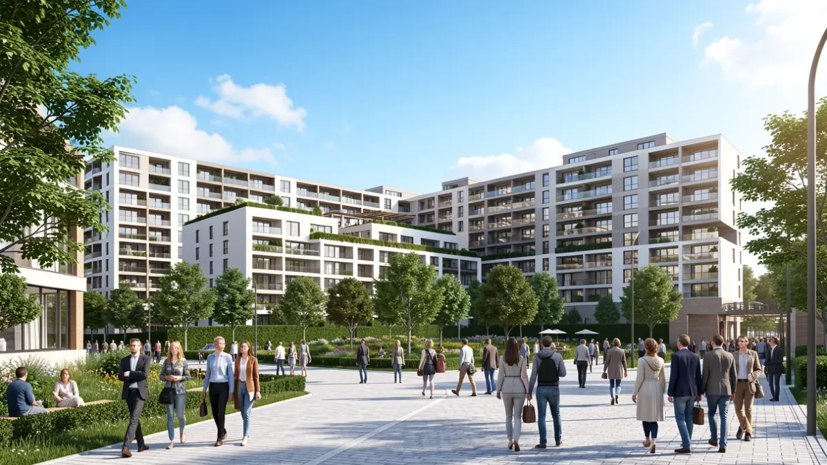 Imagen de un gran desarrollo residencial con múltiples edificios y zonas verdes.