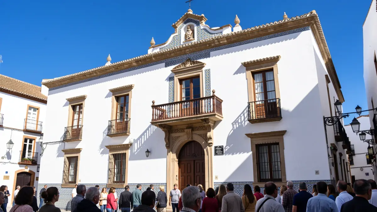 Fachada de un ayuntamiento andaluz blanco con balcón y azulejos, bajo un sol intenso.