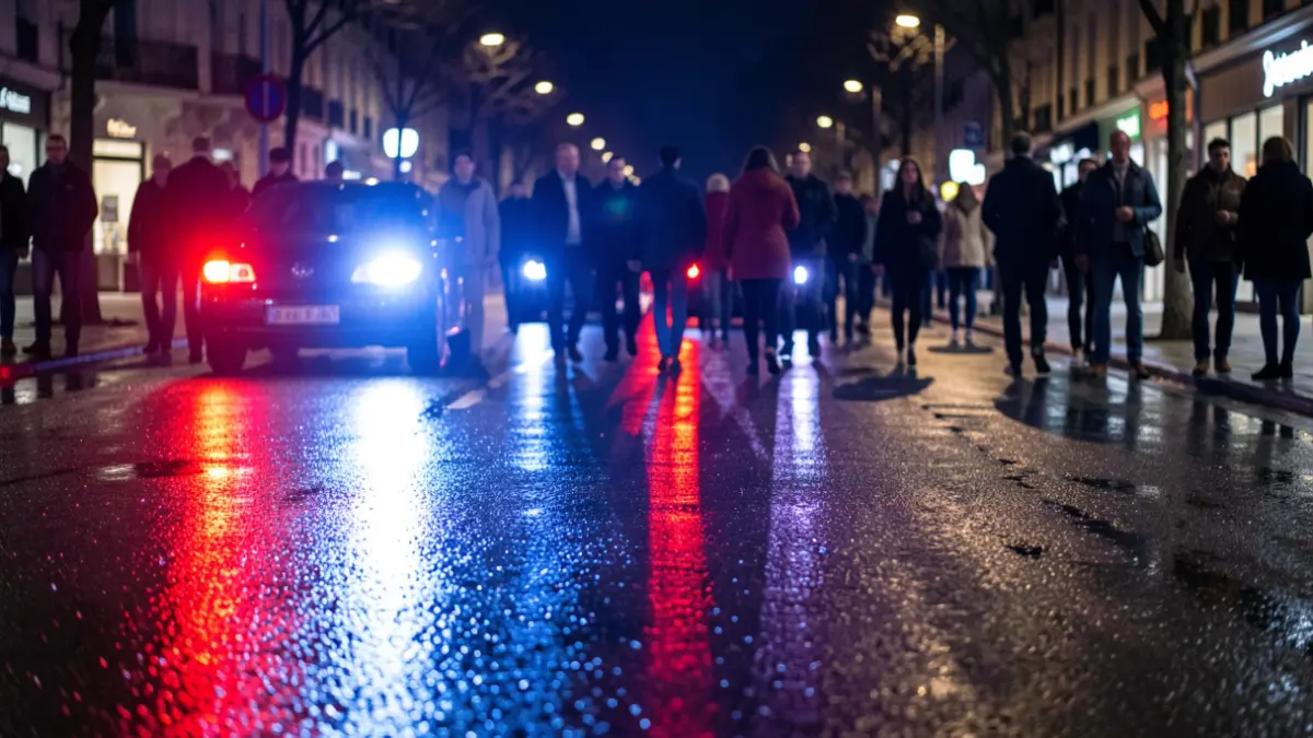 Generic image of police emergency lights reflecting on wet asphalt.