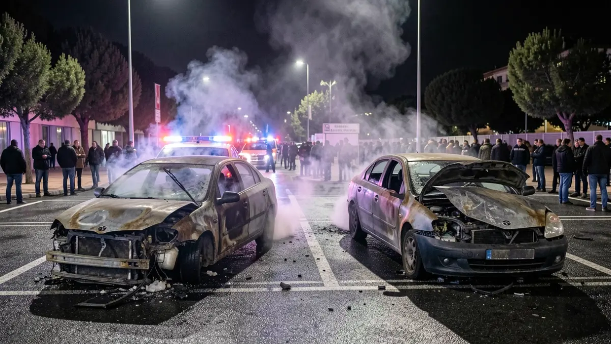 Imagen genérica de dos coches calcinados en un aparcamiento con humo.