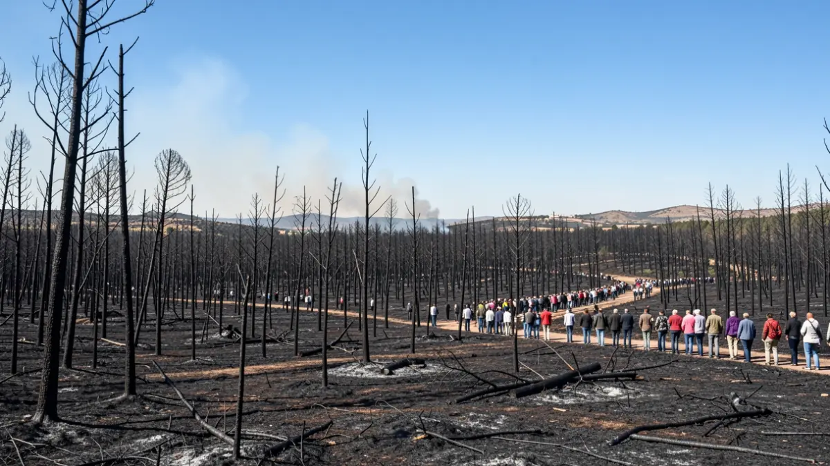 Burned forest landscape in Andalusia with smoke in the background.