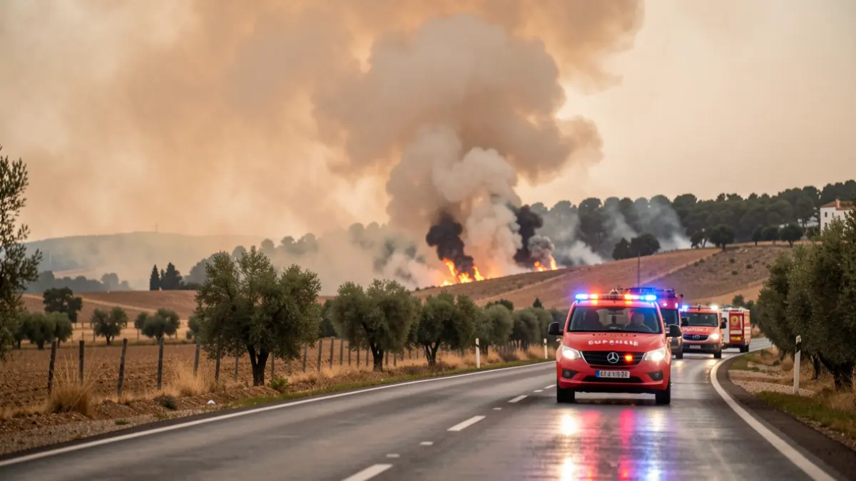 Imagen de un incendio forestal en Andalucía con luces de emergencia.