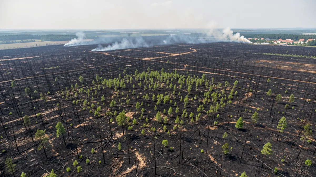 Vista aérea de un paisaje devastado por un incendio forestal, con tierra quemada y humo a lo lejos.