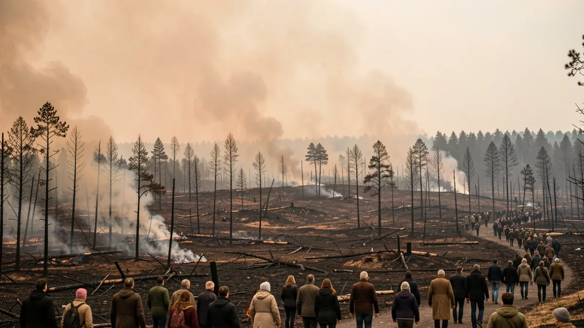Generic image of a landscape devastated by a forest fire, with burnt earth and smoke in the sky.