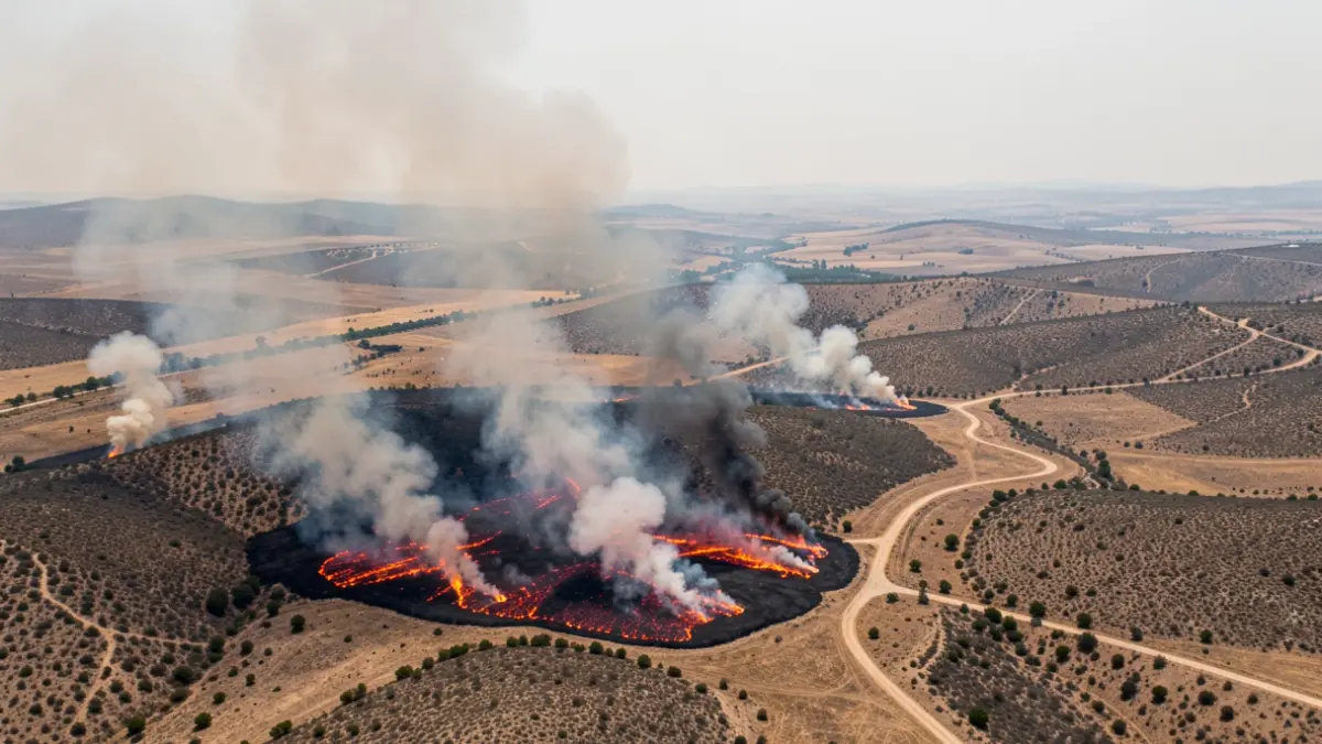 Vista aérea de un gran incendio forestal con columnas de humo.