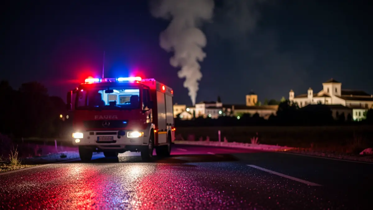 Luces de emergencia de un camión de bomberos reflejándose en el asfalto mojado por la noche, con una columna de humo al fondo.