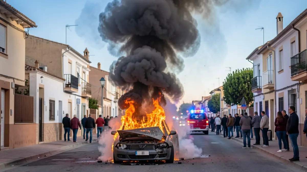 Vehículo en llamas en una calle de San Fernando con una gran columna de humo negro.