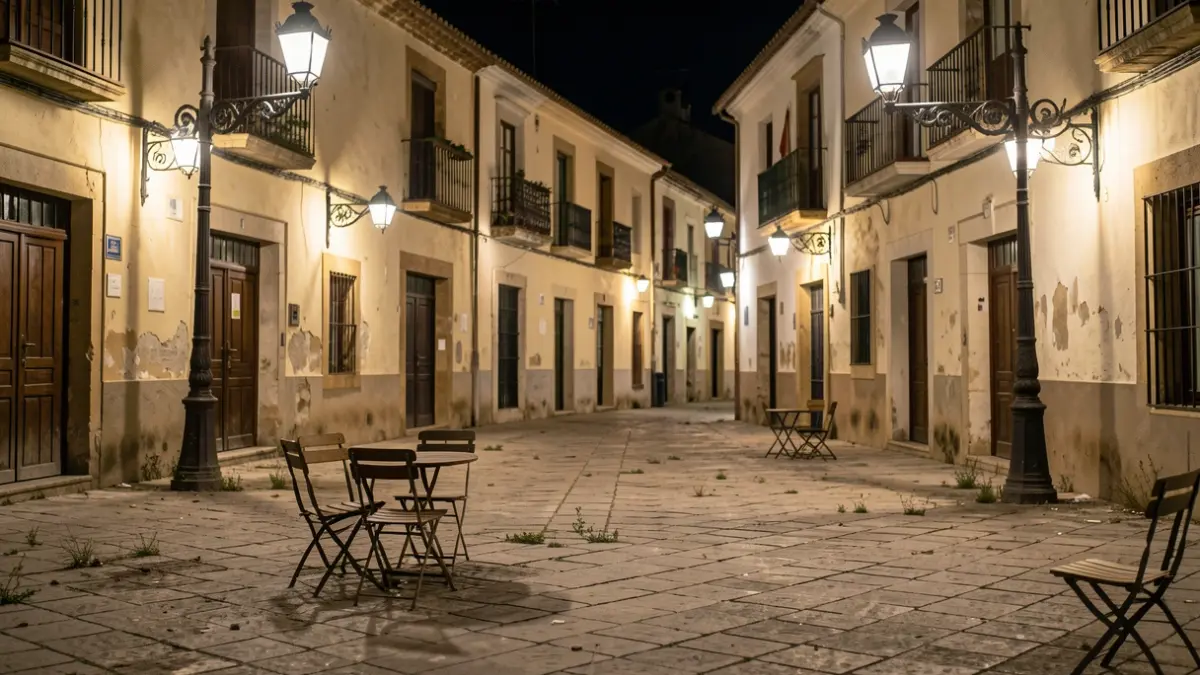 Historic center square in Almería at night, with streetlights and scattered cafe chairs.