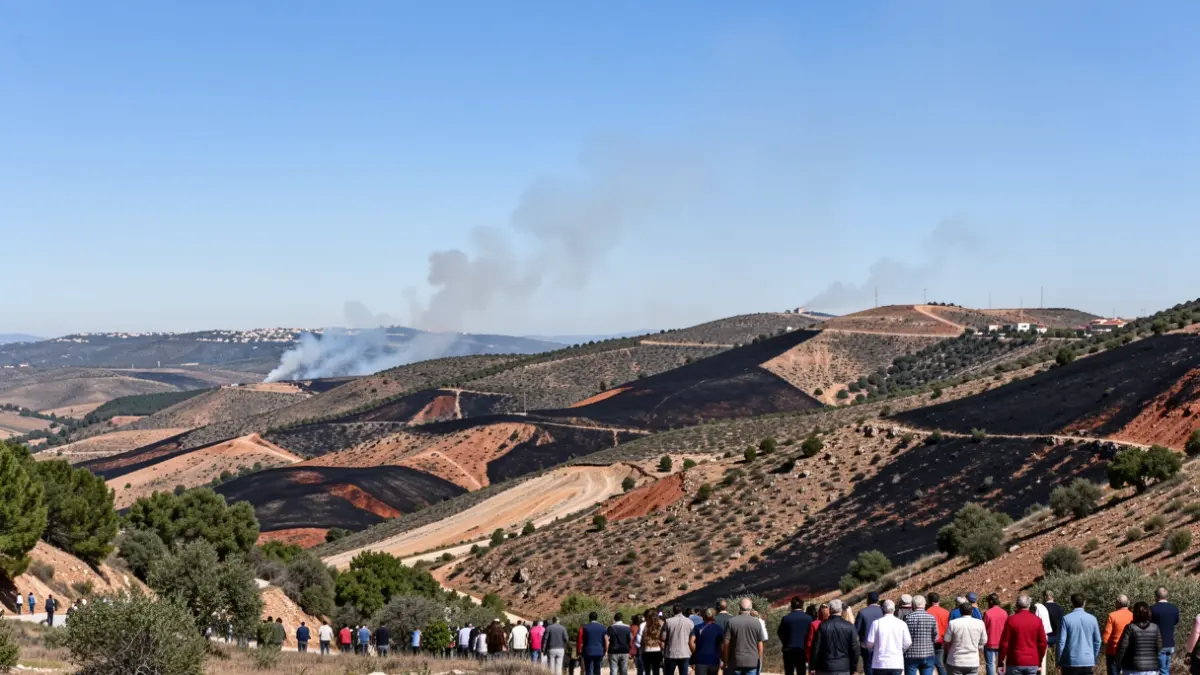 Paisaje del Valle de Lecrín con zonas quemadas y humo al fondo.