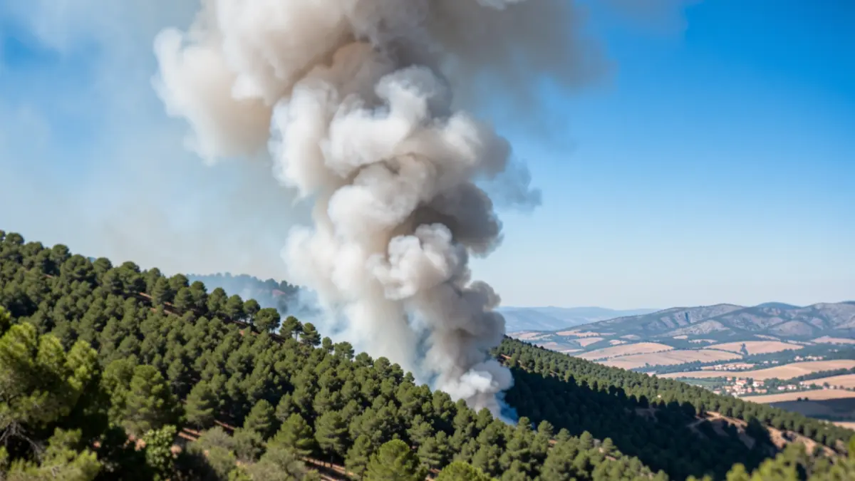 Imagen genérica de una columna de humo de un incendio forestal sobre una ladera arbolada.