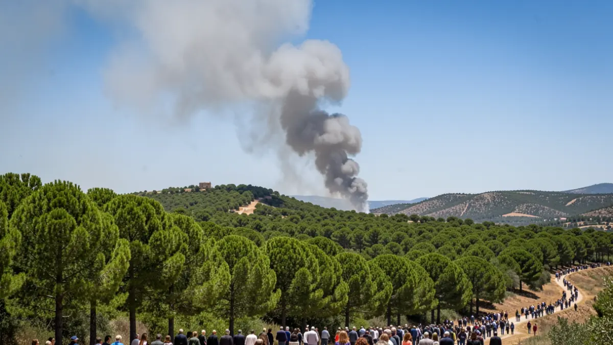 Generic image of a column of smoke rising above a pine forest hillside in Andalusia.