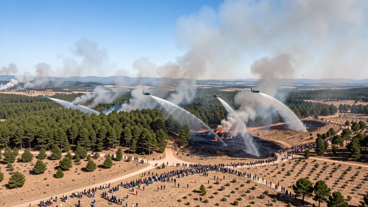 Vista aérea de un gran incendio forestal con medios aéreos trabajando en la zona.