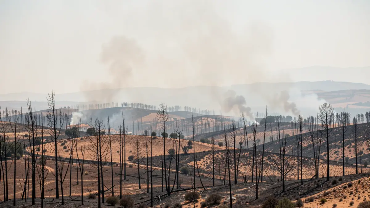 Generic image of a landscape affected by a large forest fire with smoke.