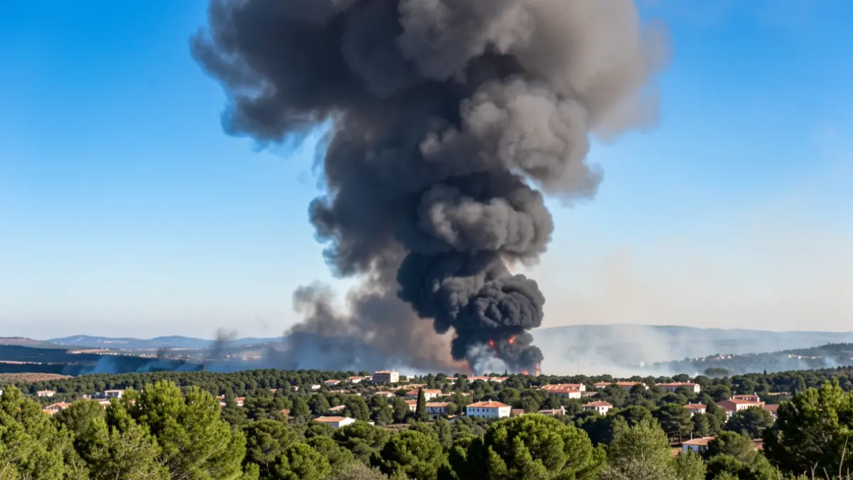 Imagen genérica de una gran columna de humo negro elevándose hacia el cielo azul desde un incendio forestal.