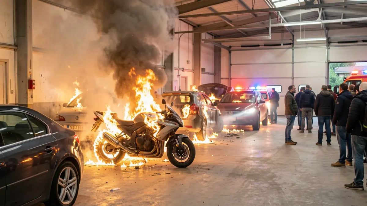 Imagen de un incendio en un garaje comunitario con humo y llamas afectando a motocicletas y coches.