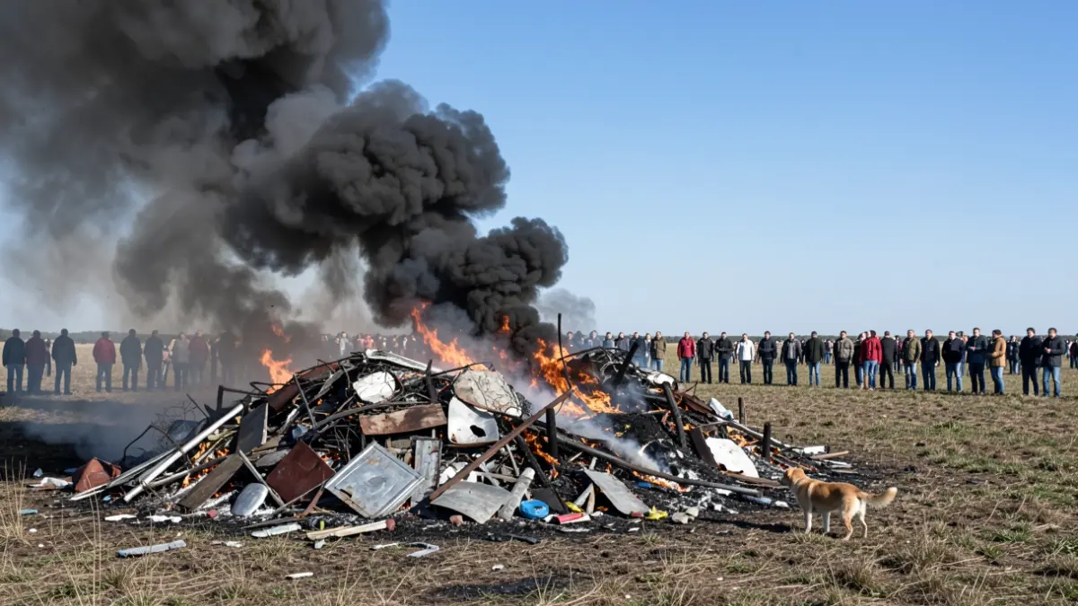 Image of a fire in a vacant lot with burning scrap metal and dense smoke, featuring a rescued dog nearby.