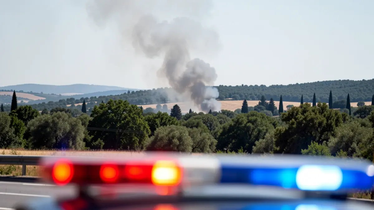 Imagen genérica de una columna de humo sobre una zona arbolada cerca de una carretera con luces de emergencia borrosas.