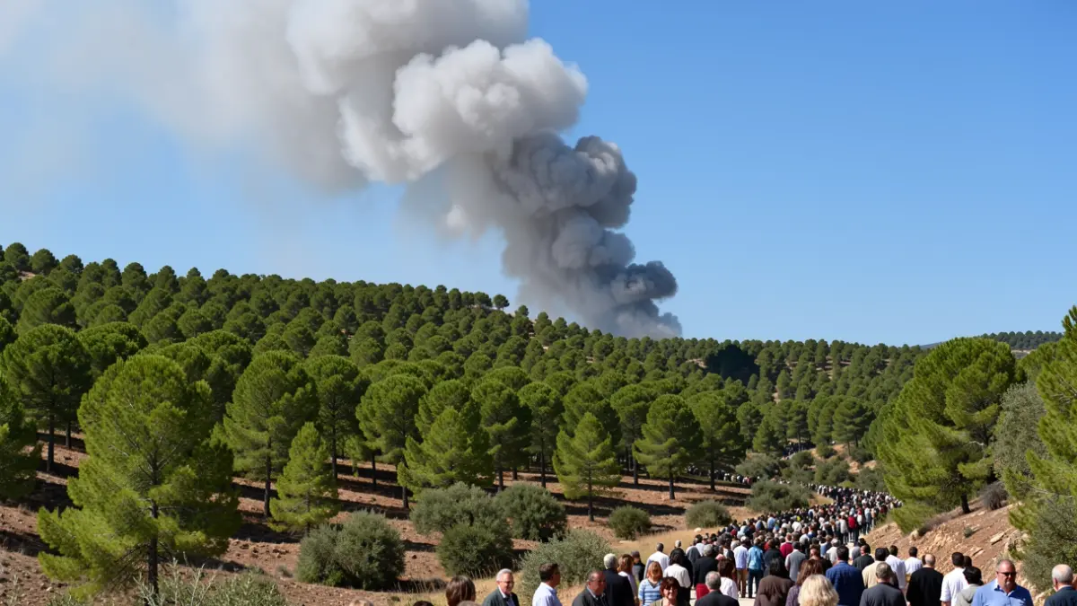 Generic image of wildfire smoke on a pine forest hillside in Andalusia.