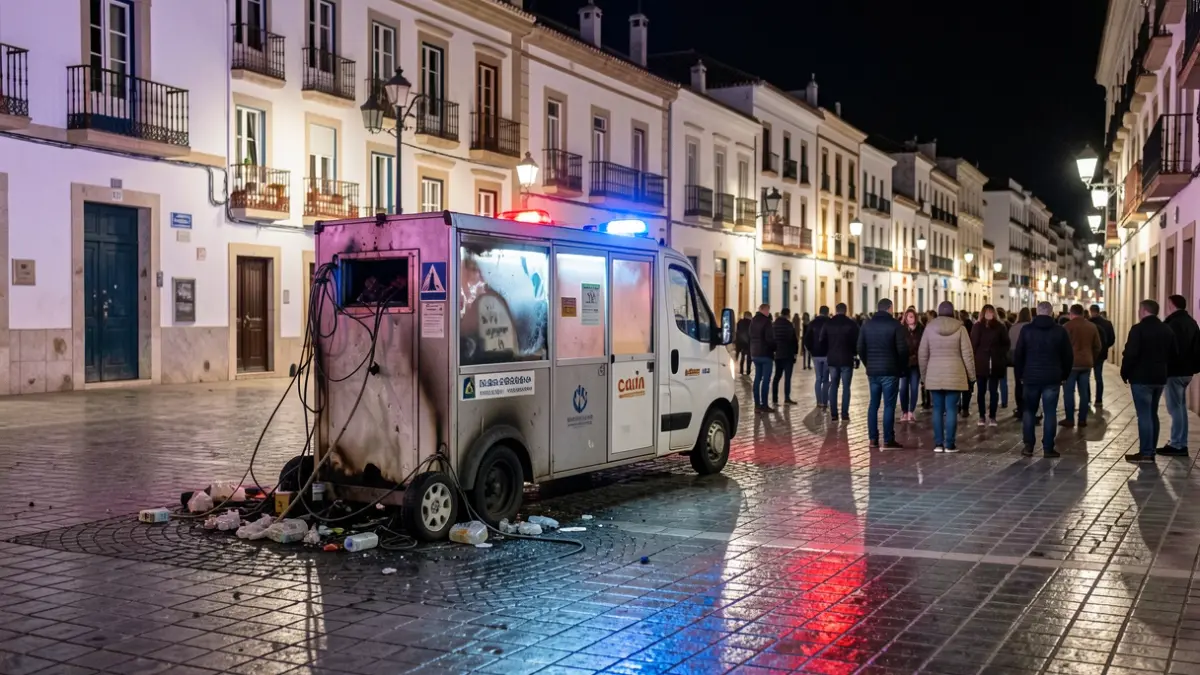 Image of a burnt-out mobile recycling point in Plaza de Filipinas, Cádiz, at night, with emergency lights.