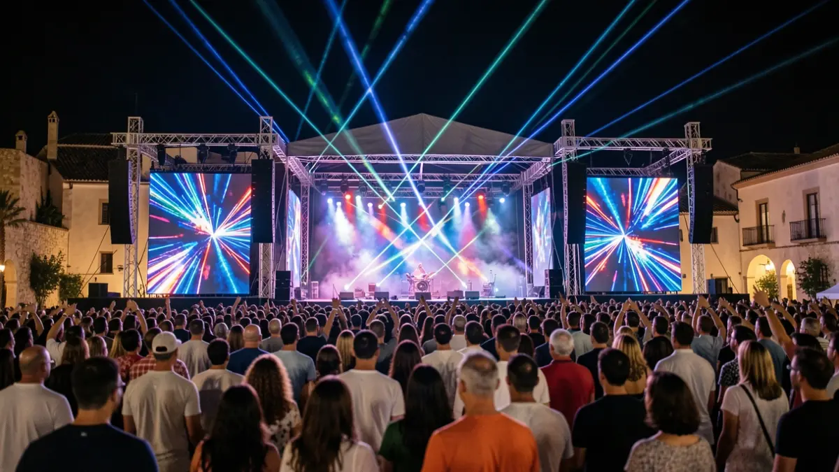 Image of an electronic music festival in the Almería Fairgrounds at night, with LED screens, lasers, and a crowd.