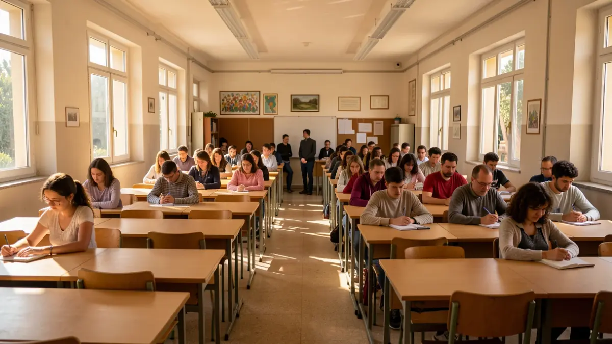 Imagen genérica de un aula escolar vacía con luz solar.