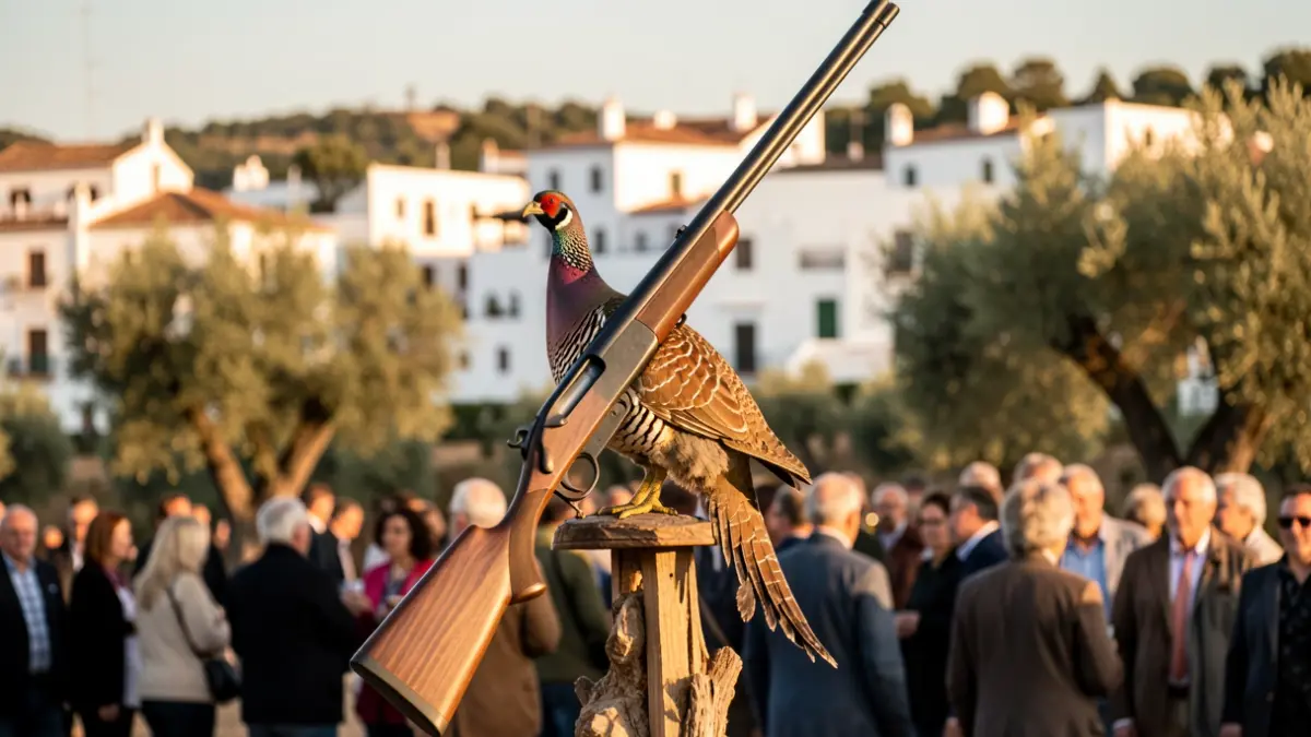 Imagen de un trofeo de caza estilizado con una perdiz y un rifle, sobre un fondo borroso del paisaje andaluz.