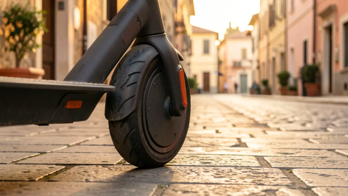 Image of an electric scooter parked on a stone sidewalk.