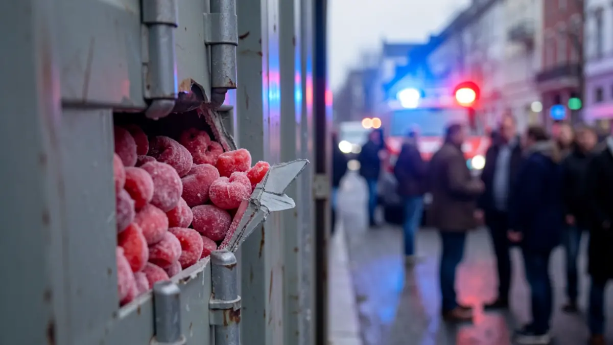 Image of an open cargo container showing frozen fruit pulp with hidden drugs, during a police operation.