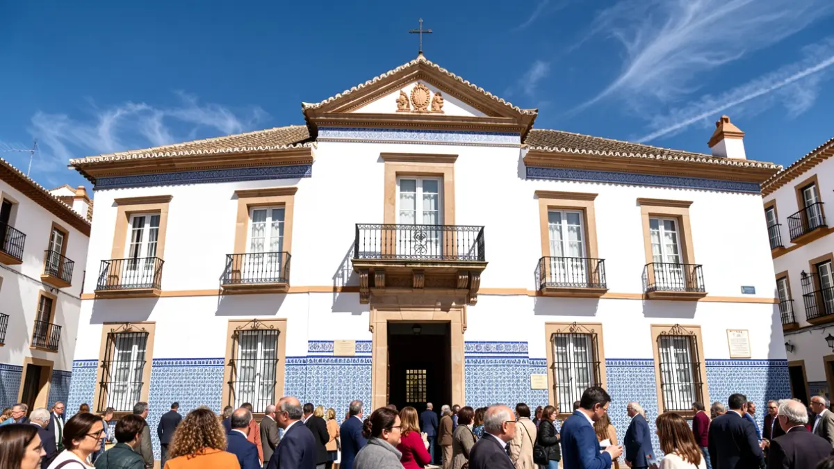 Facade of an Andalusian town hall with tiles and balcony under the sun.