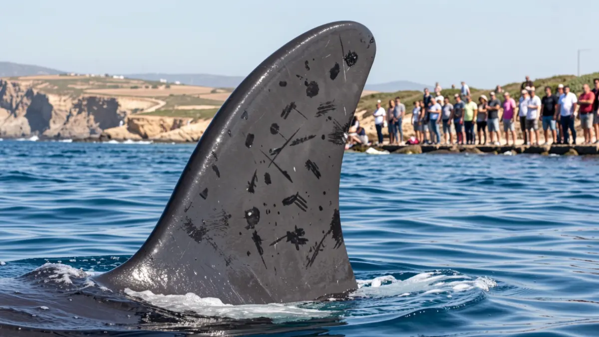 Dorsal fin of a killer whale with visible marks in the waters of the Strait of Gibraltar.
