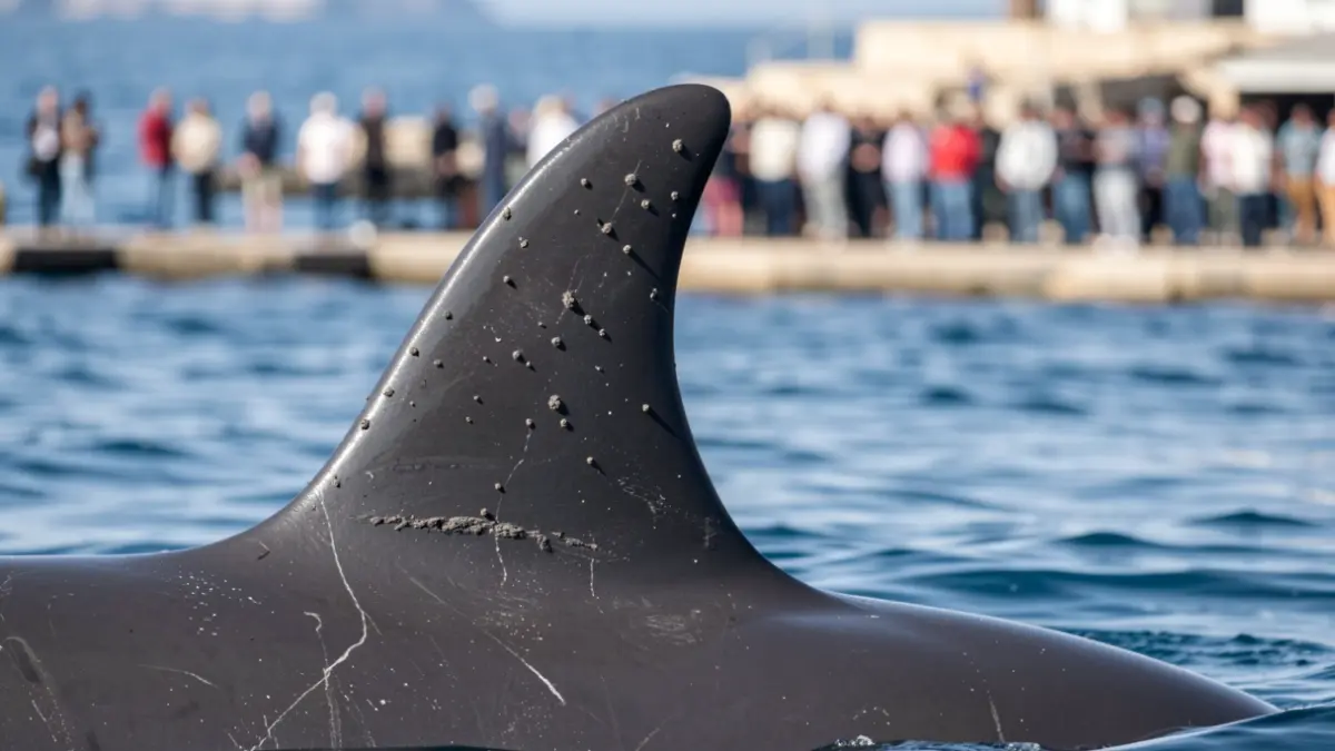 Killer whale's dorsal fin with marks possibly from gunshots.
