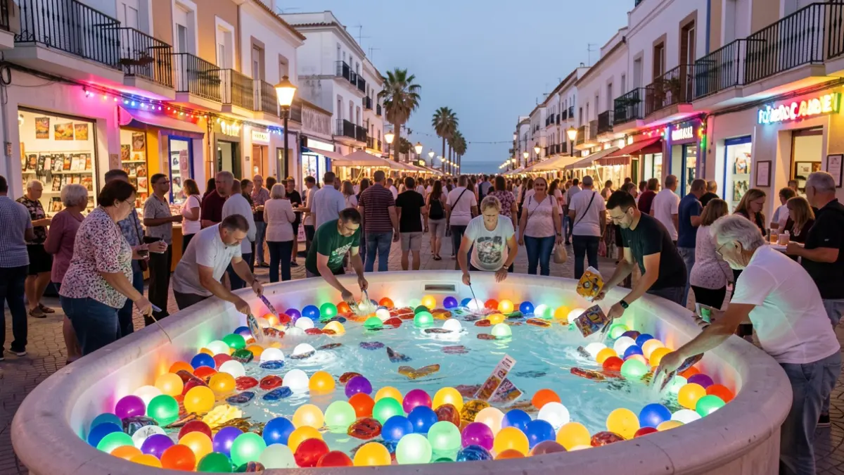 Image of the 'Compra, Pesca y Gana' commercial campaign in Isla Cristina, featuring a prize pool and participating people.
