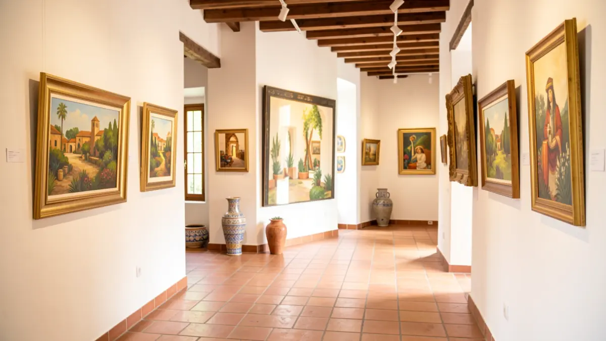 Exposición de arte 'Campestre Arts 2026' en el Hotel Caserío de Iznájar, mostrando pinturas y cerámica.