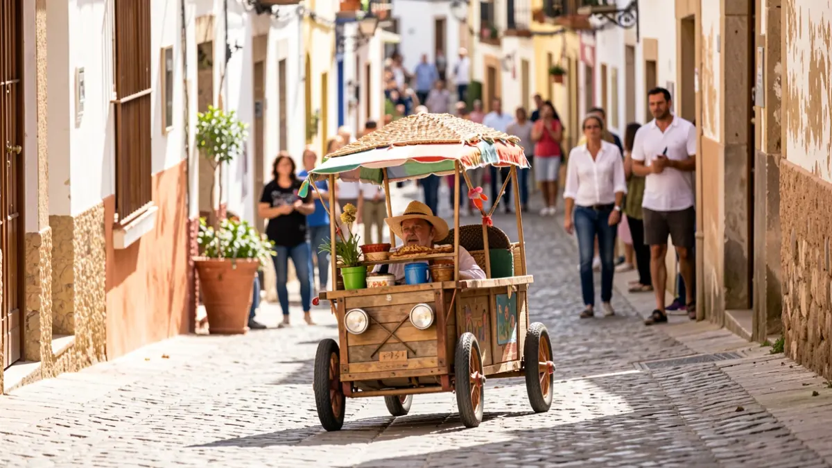 Un coche loco casero desciende por una calle empinada en Iznájar durante la carrera.