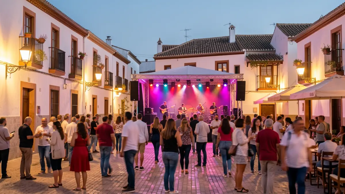 Escena de festival de música en una plaza de pueblo andaluz al atardecer.