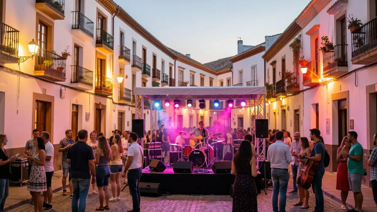 Escena de calle vibrante en un pintoresco pueblo andaluz al anochecer, con luces de colores iluminando edificios y un escenario preparado para un festival de música.
