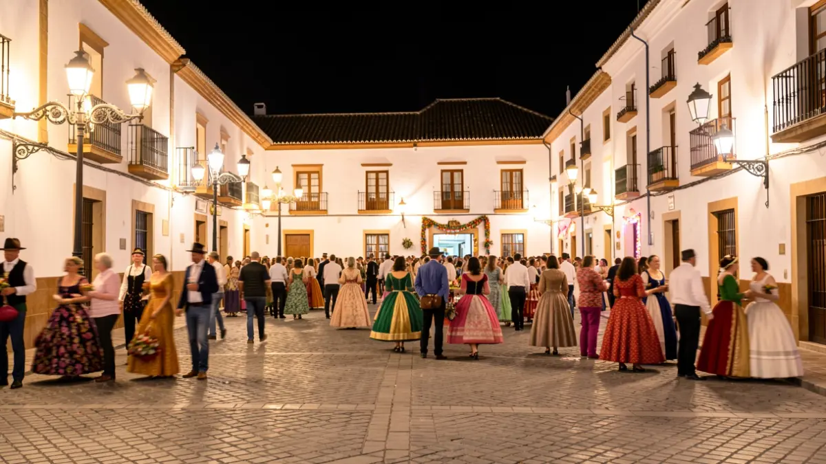 Generic image of an Andalusian town square at night during a festival.
