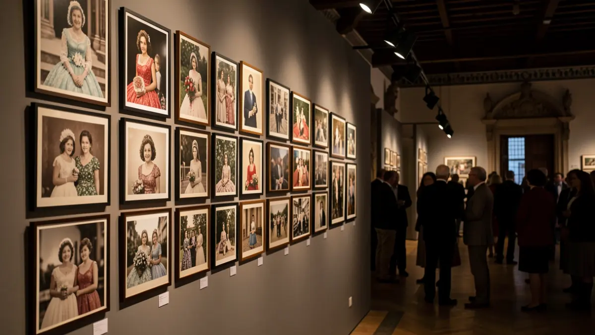 Fotografías antiguas de Reinas y Damas de las Fiestas de Iznájar expuestas en una sala.