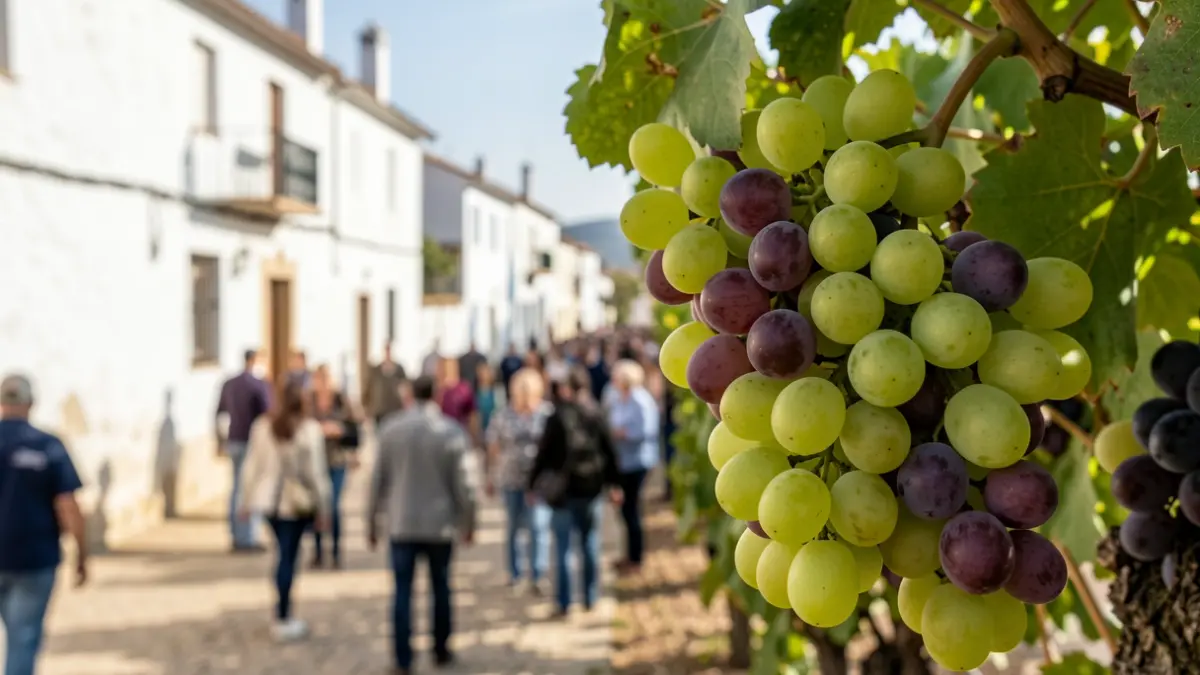 Ripe muscat grapes on the vine with the background of white-washed village houses in Andalusia.