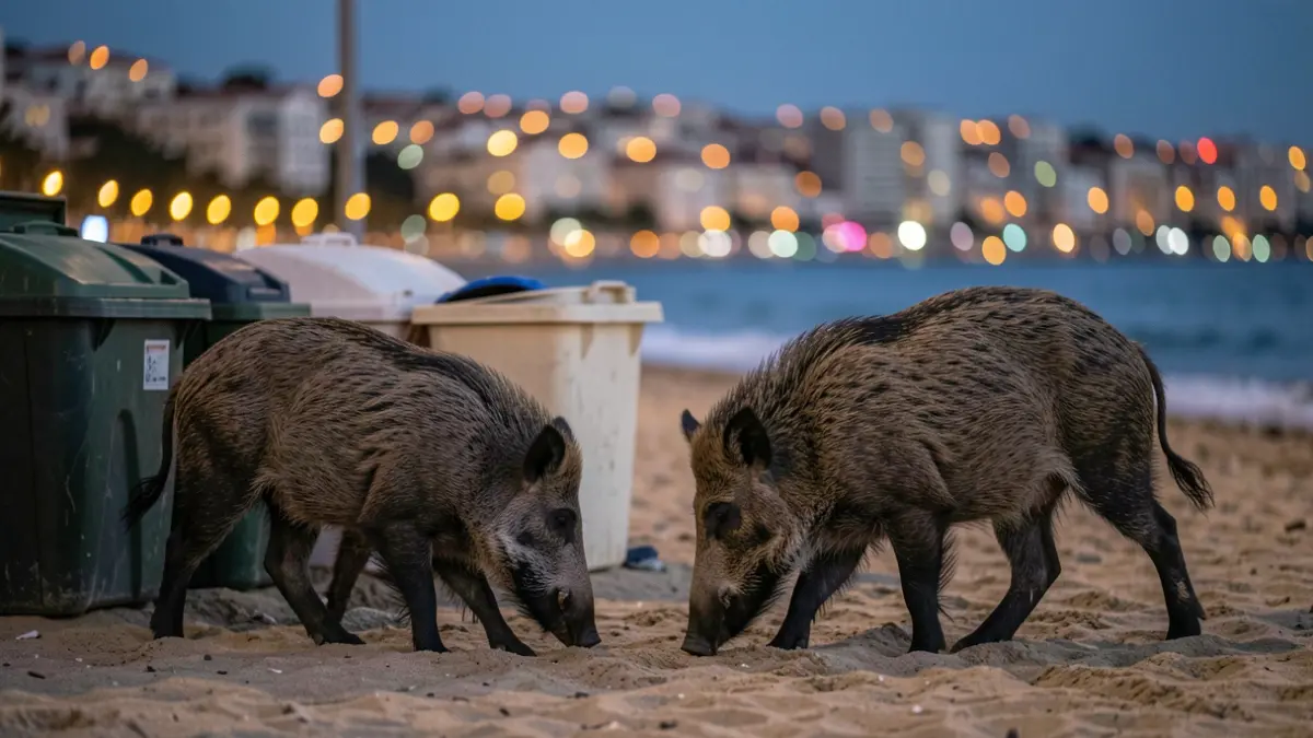 Wild boars foraging in urban bins on a Costa del Sol beach at dusk.