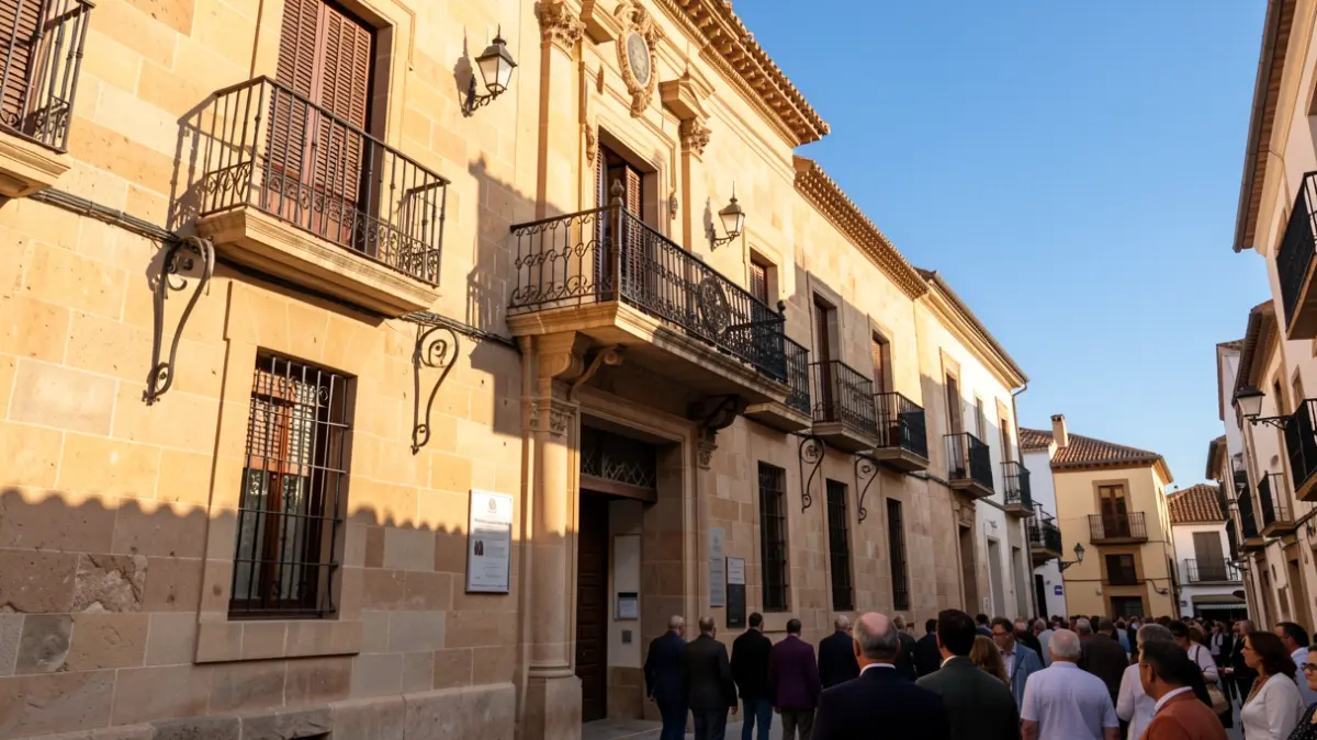 Facade of an Andalusian town hall with balcony and iron railings, afternoon sunlight.